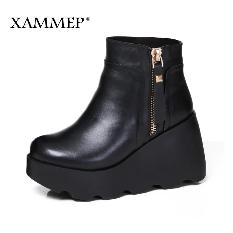 Xammep/женская зимняя обувь; ботинки из натуральной кожи и натуральной шерсти; Брендовая женская обувь; высококачественные ботильоны на платформе и высоком каблуке - Цвет: Style2019