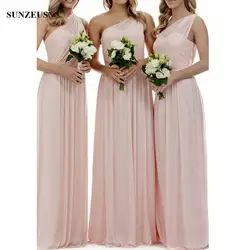 Простой розовый Подружкам невесты длинные шифоновые платья для Свадебная вечеринка A-Line Милая одно плечо платье подружки невесты bds027