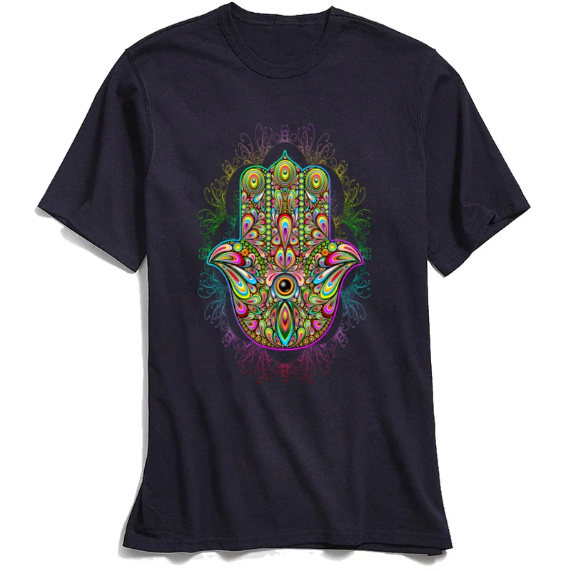 Hamsa Hand Amulet Psychedelic T Shirt for Male Classic Summer/Autumn Tees Short Sleeve Wholesale Tee-Shirt Crew Neck 100% Cotton Hamsa Hand Amulet Psychedelic navy