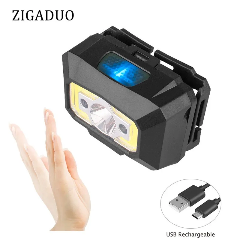 

USB Rechargeable Mini Headlamp Hat Lamp Induction COB LED Head Light COB+R5 High Power Cap Lamp,White+Red Lights