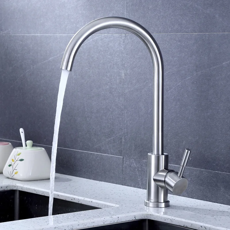 

304 Stainless Steel Kitchen Faucet Single Handle 360 Rotation Swivel Spout Cold & Hot Water Mixer Tap Sink Fauce