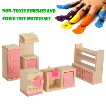

Wooden Delicate Funny Kids Pretend Role Wooden Toy Dollhouse Furniture Set With Accessories For Dollhouse Pink Color Furniture