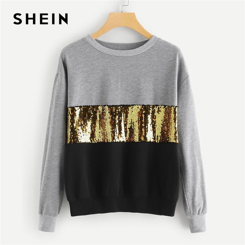 Tanie SHEIN Multicolor kontrastowy krój i Sew cekinowa bluza Casual Colorblock z długim rękawem swetry damskie jesienne bluzy