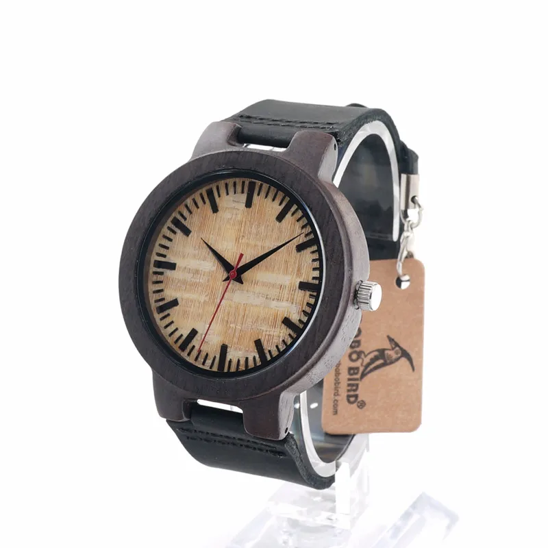 BOBO BIRD V-C22 Mens Quartz Watches Handmade Wooden Wristwatch With Black Leather Strap in Gift Box Horloges Mannen