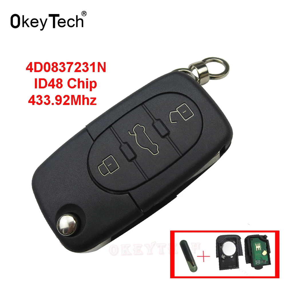 OkeyTech для Audi A2 A3 A4 A6 A8 TT 2002-2004 ключ дистанционного управления 3 кнопки 433 МГц 4D0837231N ID48 чип Флип складной автомобильный брелок