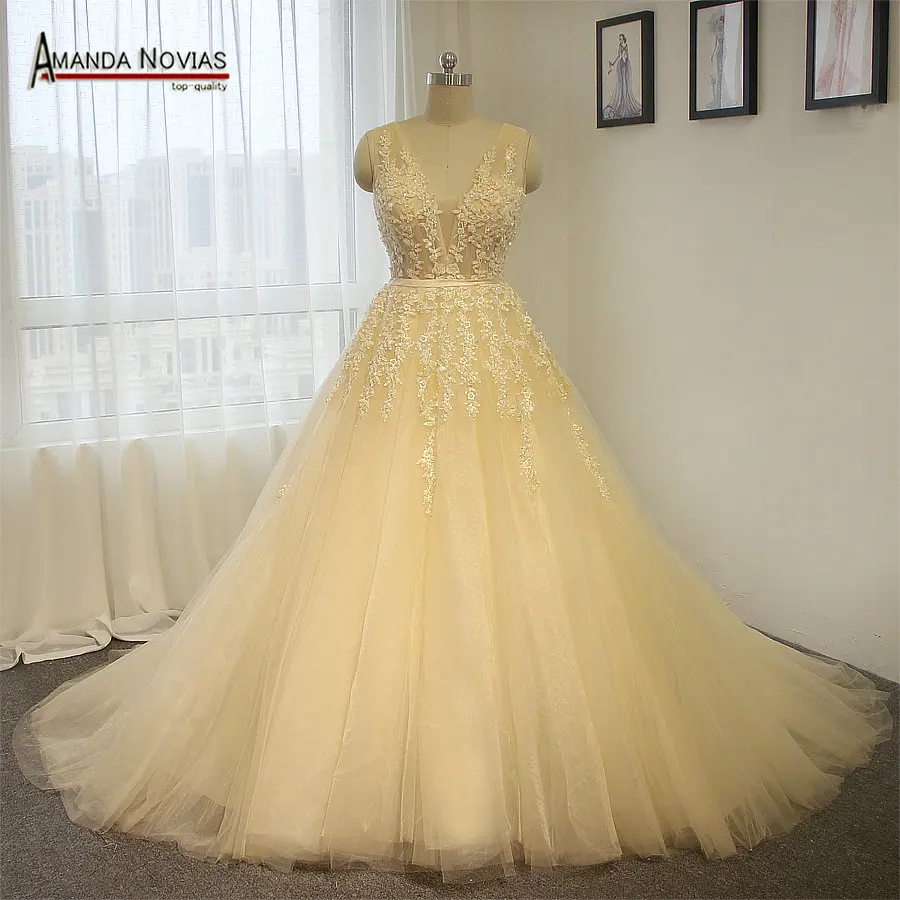 

2019 New Wedding Dress Champagne Lace Sexy See Through Wedding Dress