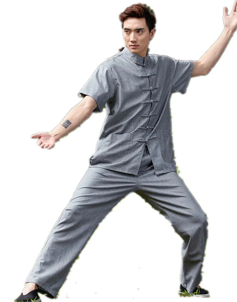 Шанхай история мужской свободный Китайский кунг-фу набор для мужчин Китайский Тай чи костюм короткая рубашка+ брюки льняная форма для кунгфу 4 цвета - Цвет: Серый