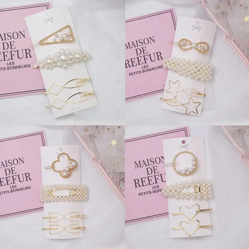 

4Pcs/Set Women Girls Hollow Out Geometric Hair Clip Imitation Pearl Beaded Frog Bobby Pins Wedding Bridal Styling Hair Accessory