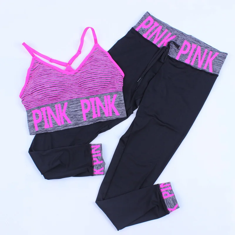 

Summer Running Sport Pink Yoga Bra Pants Letter Print Fitness Women Tracksuit 2 Piece Clothes Shorts Leggings Bra Yoga Set Tops