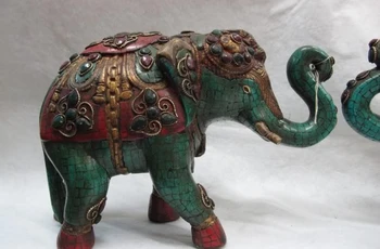 

Old Copper inlay coral turquoise ruby beryl Gem Lucky Peace Elephant Statue Pair 8.02
