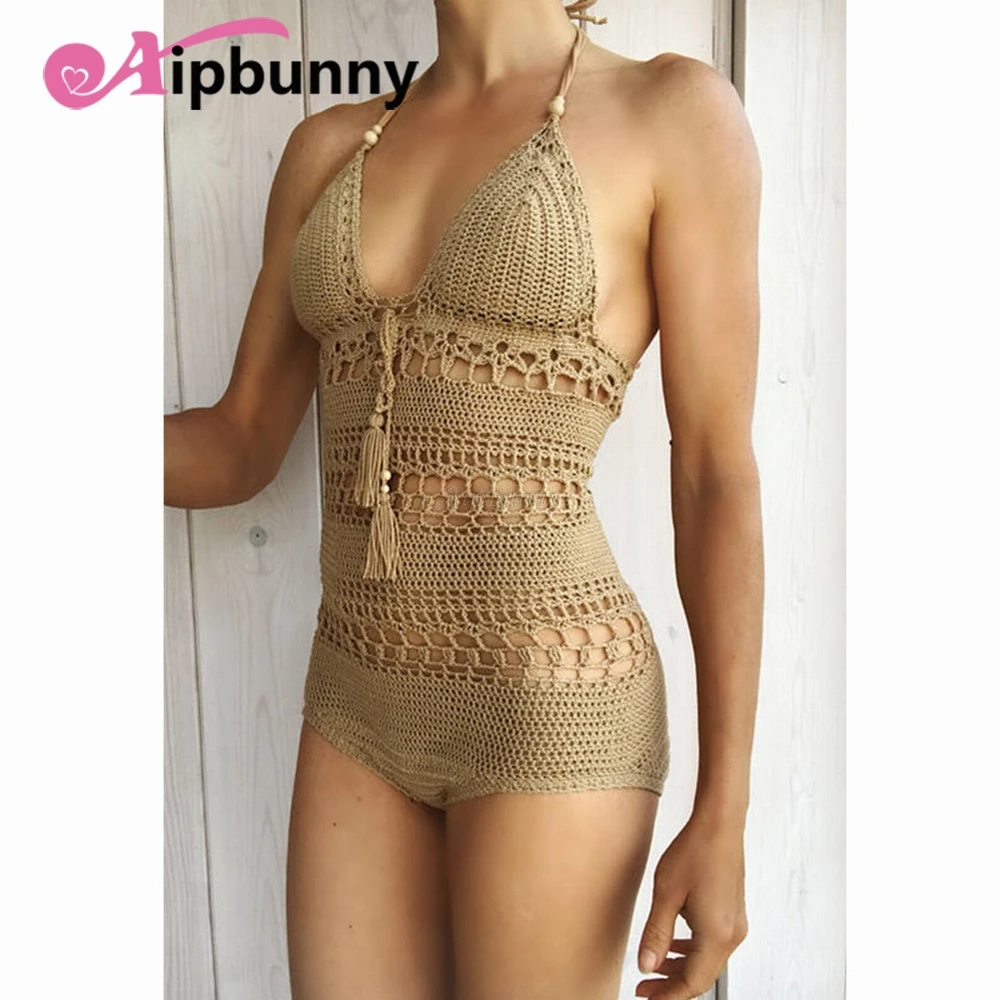 

Sexy Women V neck halter one piece swimsuit crochet knitted Hollow Out swimwear biquini female bandage bathing suit beachwear