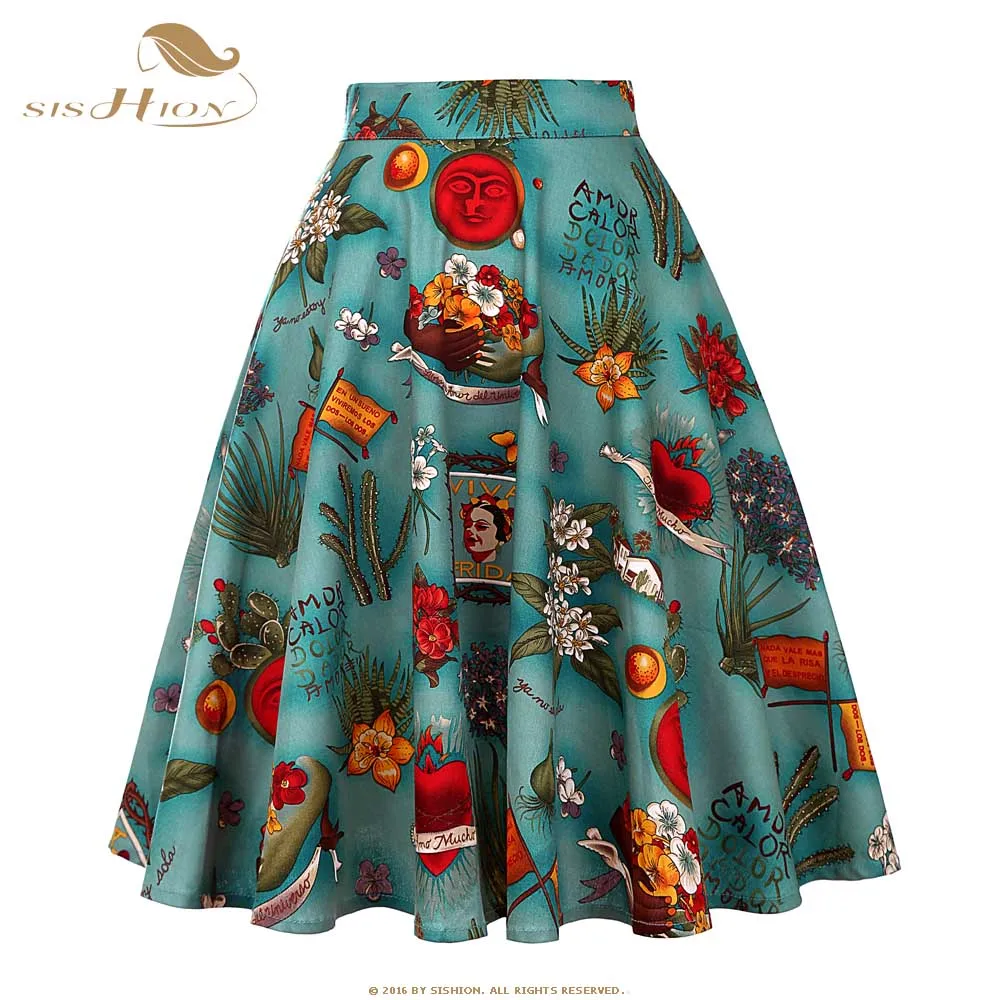 

SISHION Design 2019 Women Skirt High Waist Cotton Green Black Red Polka Dots Floral 50s 60s Retro Swing Vintage Summer Skirt