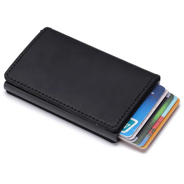 BISI GORO NEW Cowhide Leather Slim Vintage Non-scan Wallet Unisex Metal Blocking Credit Card Holder With RFID Dropshipping - Цвет: Black ZF9189598
