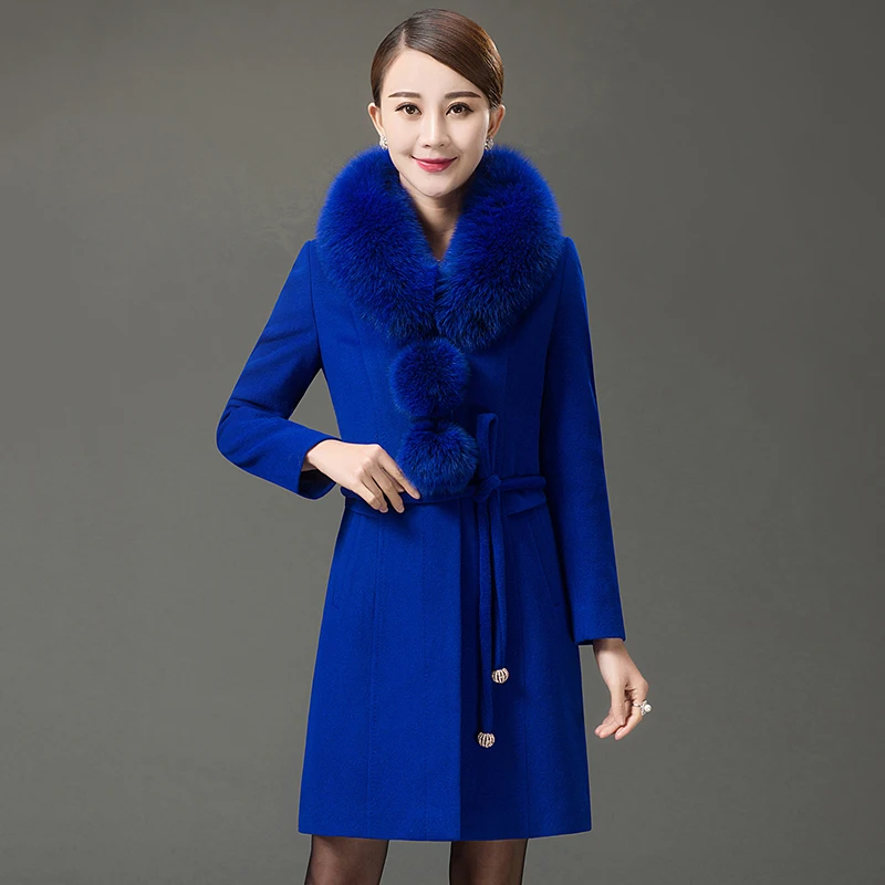 На осень-зиму женская новая модная куртка с большим меховым воротником, длинное однобортное шерстяной кашемир пальто леди большие размеры на шнуровке шерстяное зимнее пальто