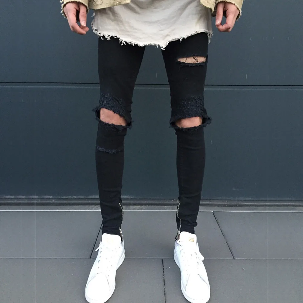 Helisopus slim black jeans Black Hip Hop Swag Man Skinny Jeans Zipper Decor punk High Street