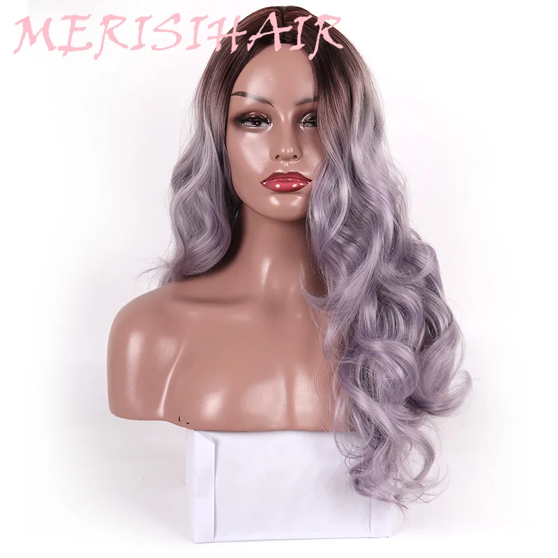 

MERISI HAIR 21-Inch Long Water Wave Hair Styling Wig Light Purple Ombre Color Mixing Wig Women Daily High Temperature Fiber