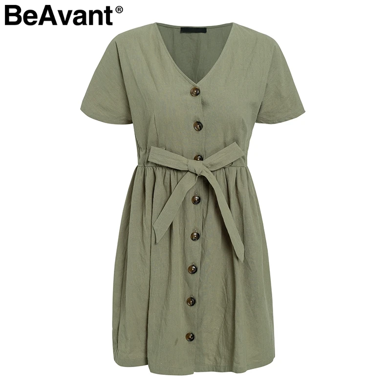 BeAvant повседневное летнее льняное платье с v-образным вырезом женское винтажное Хлопковое платье с короткими рукавами и пуговицами женское Короткое приталенное платье vestidos - Цвет: Gray Green