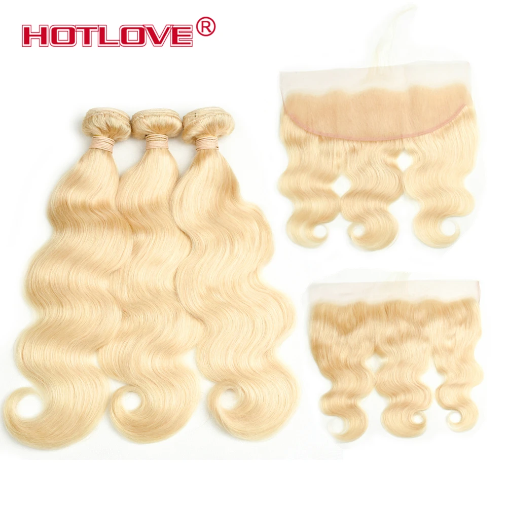 Hotlove перуанский человеческих волос 613 Связки объемная волна с 13*4 фронтальной 3 Связки светлые волосы с кружевом фронтальной волосы remy волос