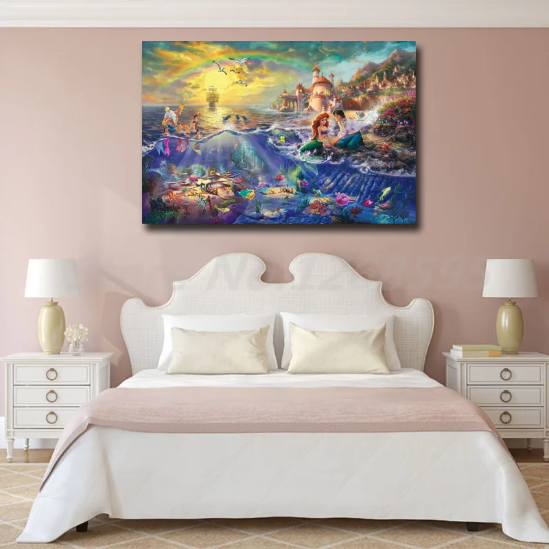 Thomas Kinkade The Little Mermaid And Tramp HD Painting Wall Art Print On Canvas Living Room Decorative Picture Christmas Gifts