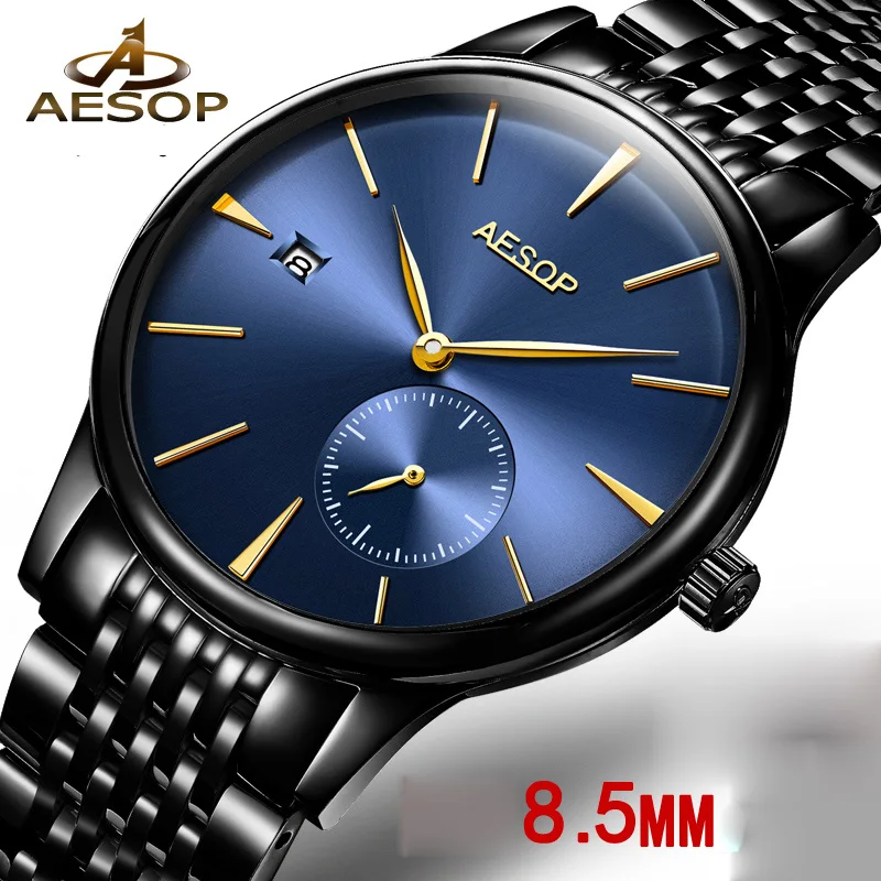 

Luxury AESOP watch men ultrathin sapphire Black tainless steel waterproof automatic machine Blue wristwatch relogio masculine