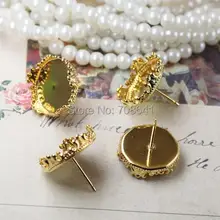 Полые сережки-гвоздики настройки с круглая корона, гнездо полимерные кабошоны основы серьги пост DIY комплектующие с золотым покрытием