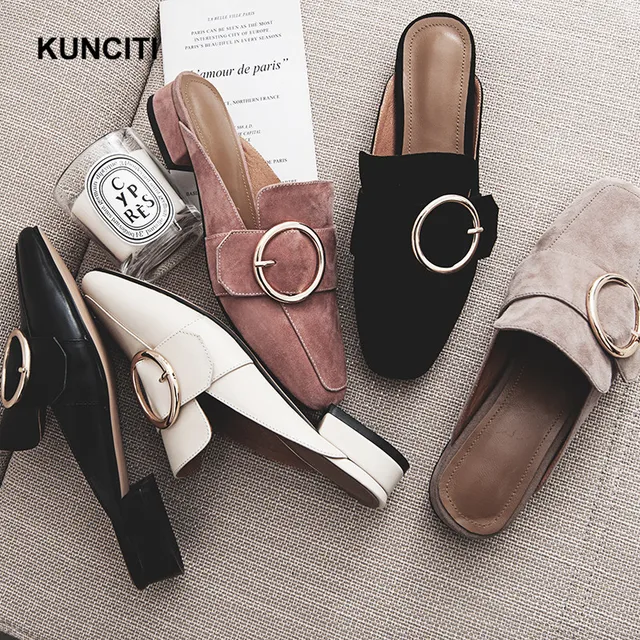 2018 KUNCITI Suede Leather Women Fashion Scuffs Metal Belt Buckled European Designer Slippers High Quality Mules Shoes S222