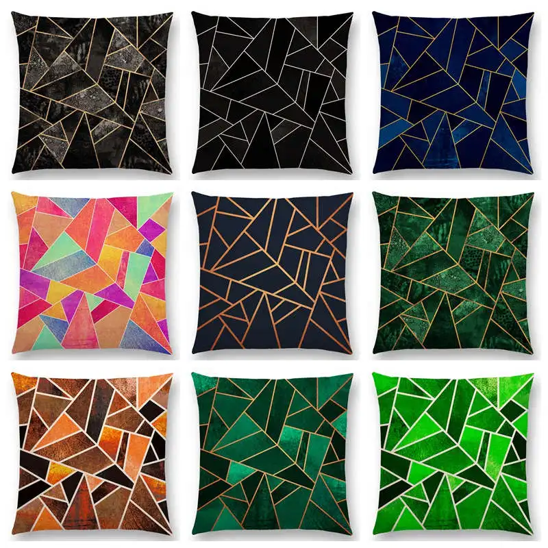

White Purple Black Blue Pink Colorful Abstract Geometric Triangles Gold Lines Rainbow Stones Beautiful Cushion Cover Pillow Case