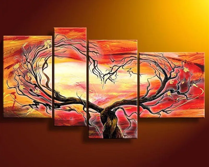 

Handmade Acrylic Paintings 4 Panel Canvas Modern Decor Wall Art Pictures Handpainted Abstract Orange Tree Flowers Oil Painting