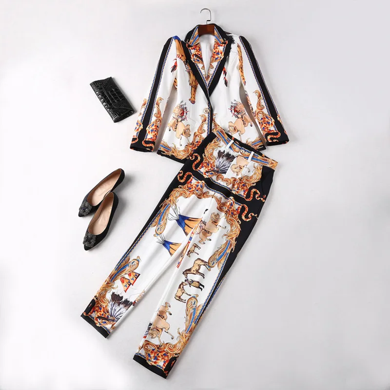 High Quality Designing Women Vintage Pants Suits Single Button Blazer Slim Trousers Runway Printing Two Pieces Sets Outfits High Quality Designing Women Vintage Pants Suits Single Button Blazer Slim Trousers Runway Printing Two Pieces Sets Outfits