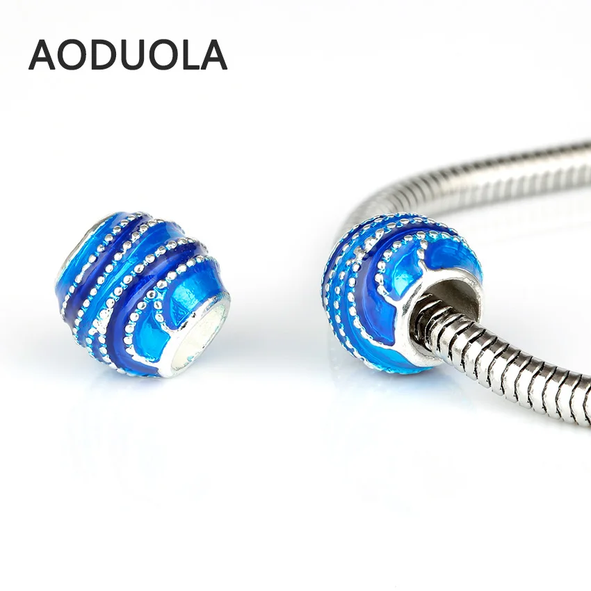 

10 Pcs a Lot Blue Enamel stripe Alloy Bead DIY Big Hole Metal Beads Spacer Murano Bead Charm Fit For Pandora Charms Bracelet