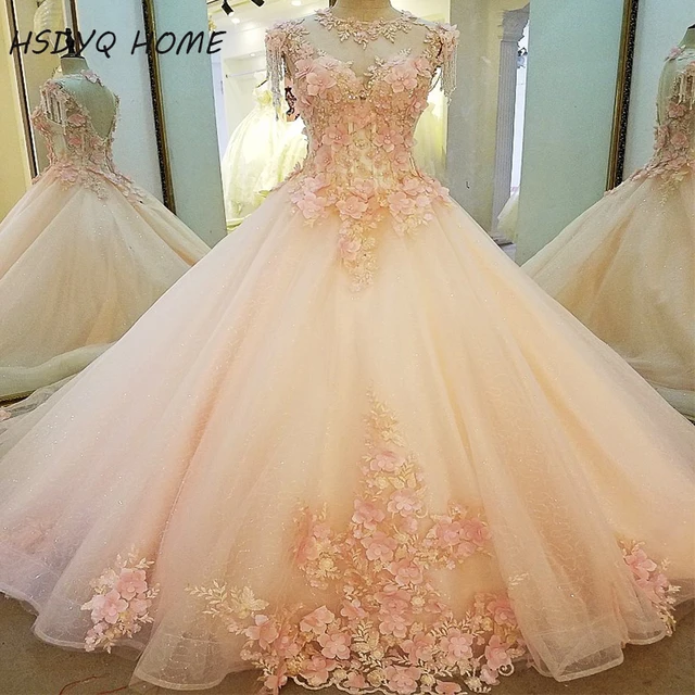Hsdyq Home 2017 Pink Champagne Wedding Dresses The Bride Lace Flower Hsdyq Home 2017 Pink Champagne Wedding Dresses The Bride Lace Flower Bridal Gown Real Photo