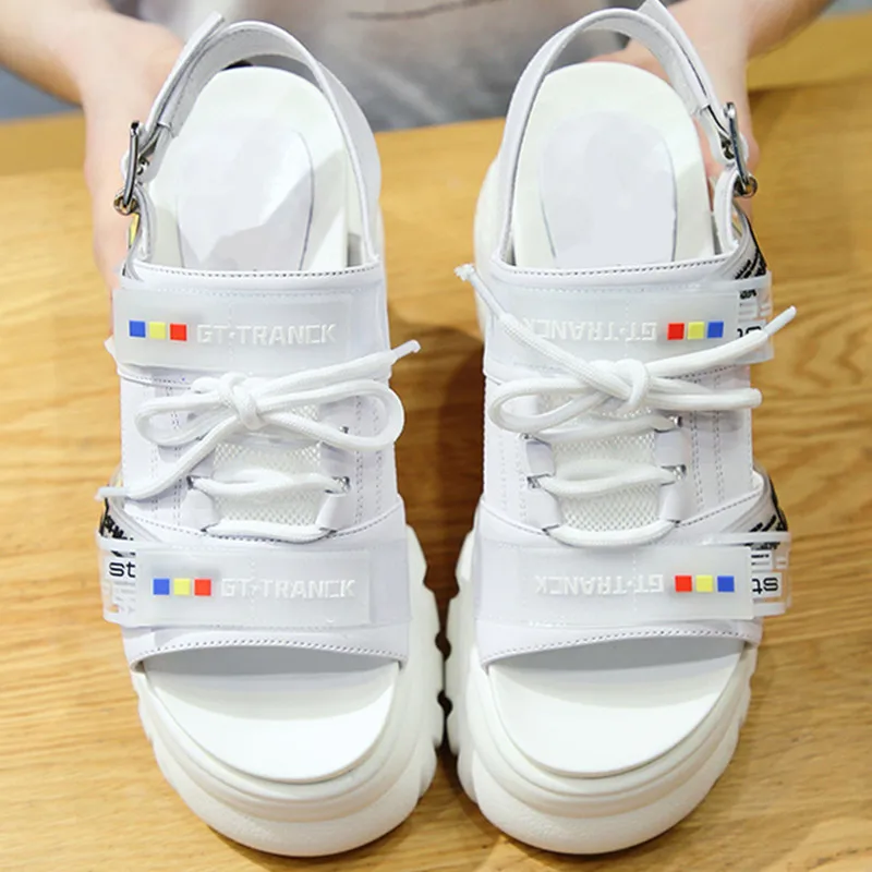 Women's platform Sandals Summer White Black Wedge High Heels Shoes Female Leather Casual Chunky Sandals Buckle Beach shoes JA-16