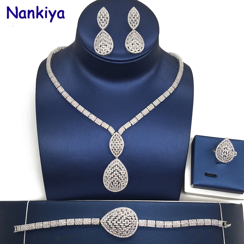 

Nankiya Luxury Dubai Jewelry Sets Elegents Paved Zircons Waterdrop Wedding 4pcs Bridal Sets Dress Accessories Prom Dating NC213