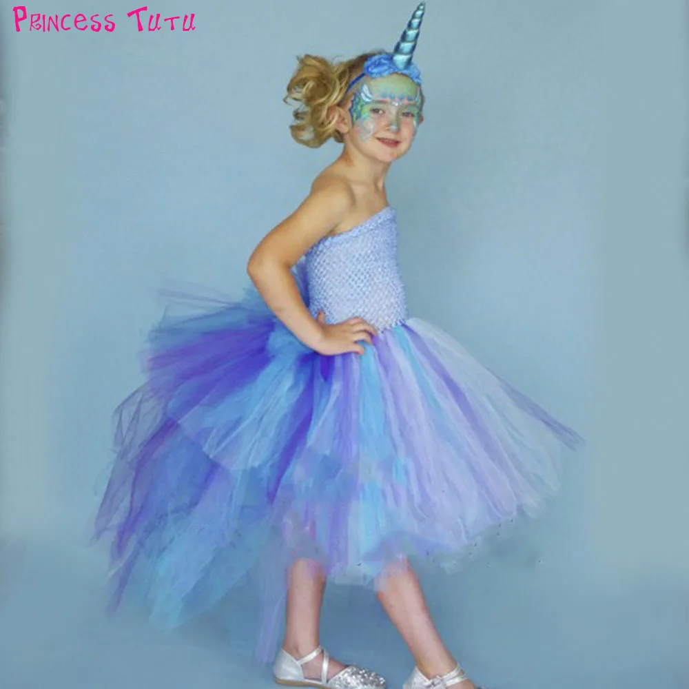 

Narwhal Blue Bustle Tutu Dress Girls Knee Length Fluffy Birthday Party Halloween Christmas Unicorn Costume Kids Colorful Dresses