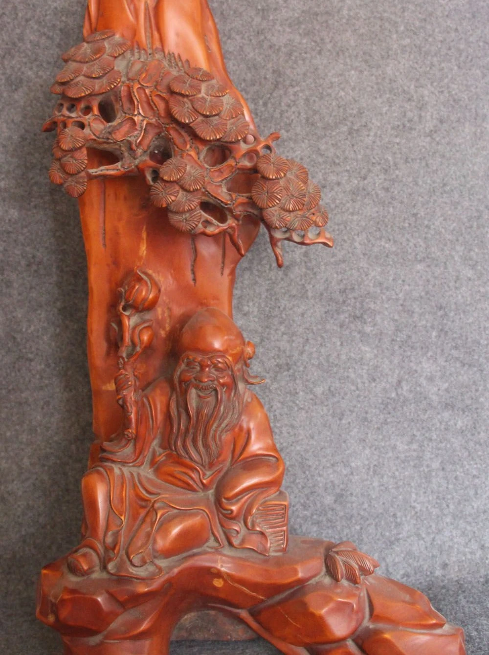 

19" Chinese Boxwood Wood Shouxing Longevity Star Sit Under Pine Tree Statue