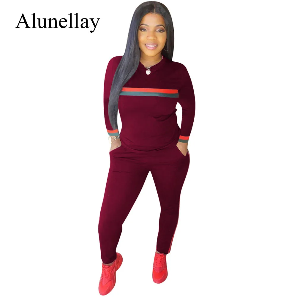 Alunellay Stripe Women 2 Piece Sets Jumpsuits Long Sleeve O Neck Bodycon Jumpsuit Women Pocket Pencil Pant Romper Sport Wear