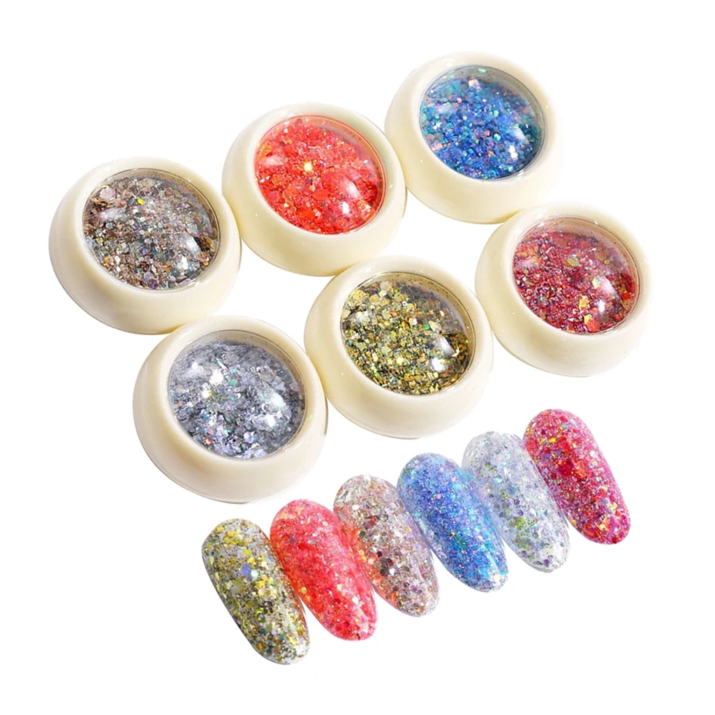 6 Jars Shiny Nail Flake Glitter Powder Nail Tips Decor Foil Sequins