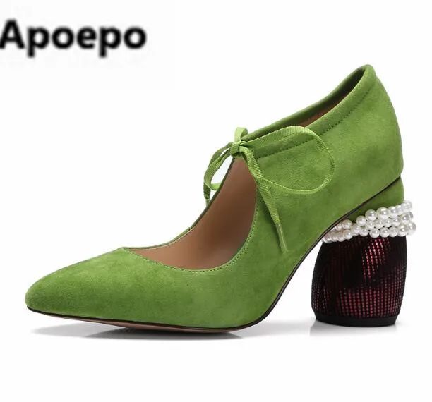 

Newest Brand lace up shallow ladies shoes 2018 women shoes green black suede pearl pumps round heels high heels pumps women