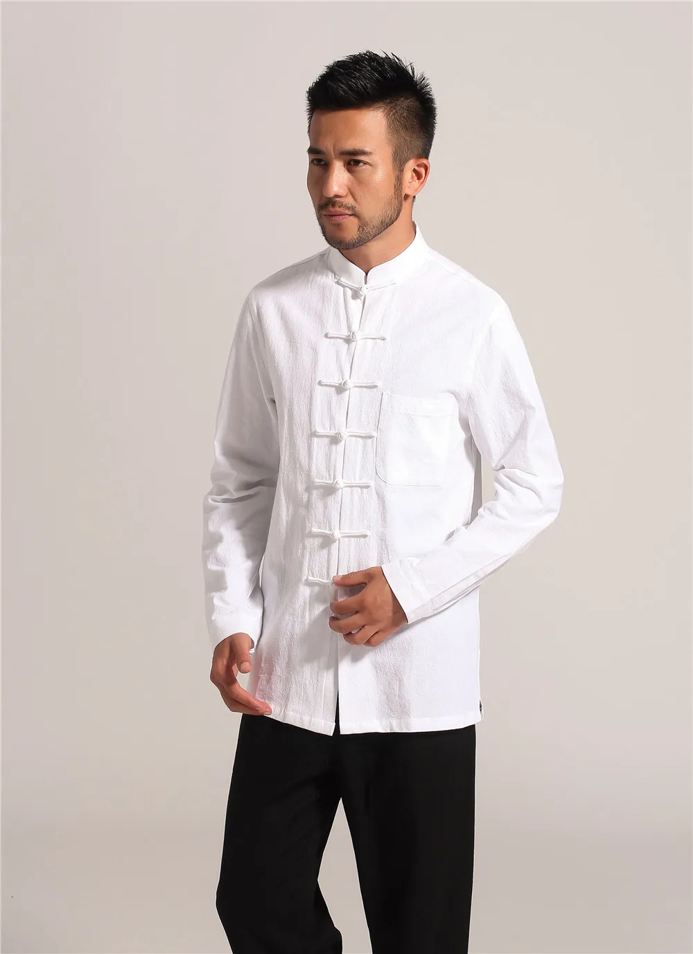 Повседневное из хлопка и льна кунг-фу однотонные белые китайские Для мужчин Тай чи рубашка с длинными рукавами Пальто M L XL XXL XXXL PM002
