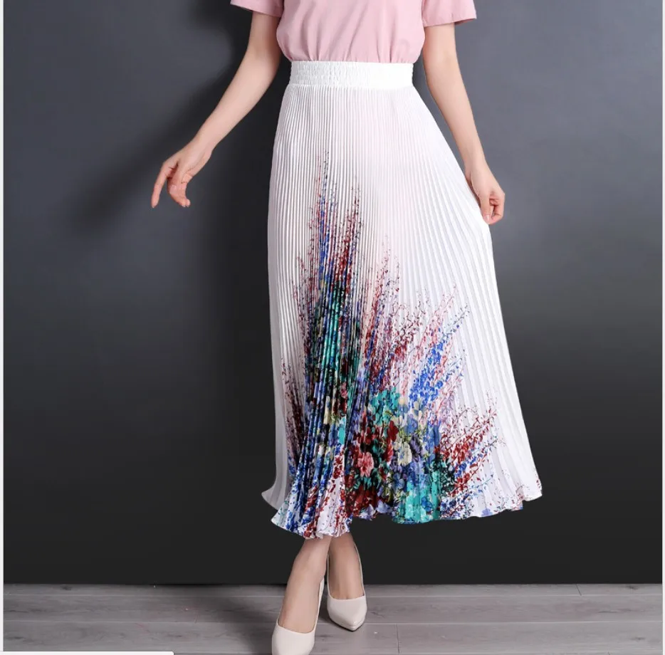 

GTGYFF summer stretch high waist maxi long pleated chiffon vintage floral print boho skirt for women flare umbrella skirts saias