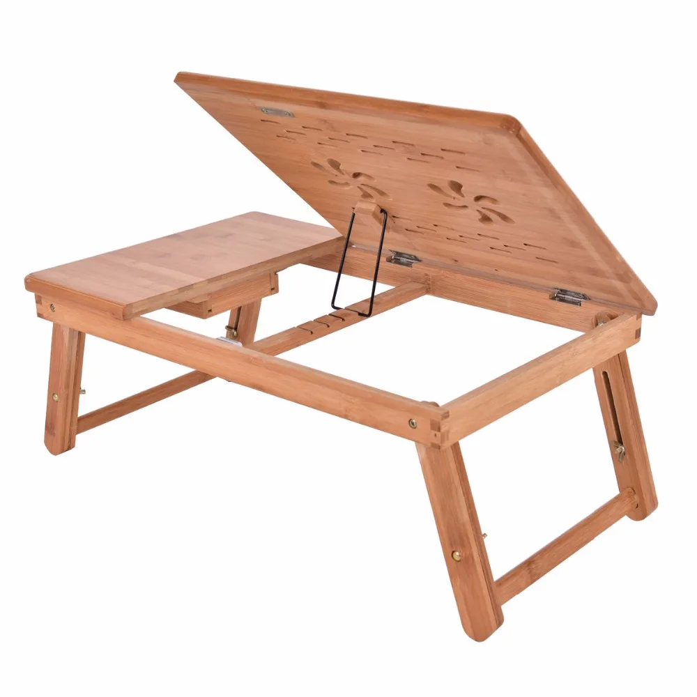 Goplus Portable Folding Laptop Table Bamboo Sofa Bed Office Laptop Stand Desk Computer Desk Adjustable Notebook Table HW55405