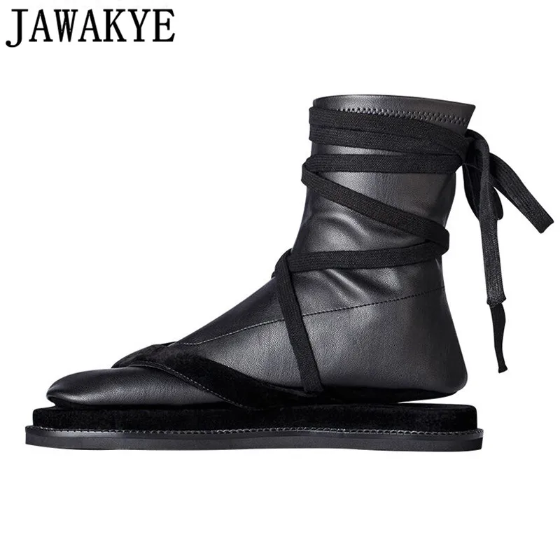 

2018 Genuine leather black Short sock Botas flat heel split toes apart runway style Ankle Boots for women stretch Zapatos mujer