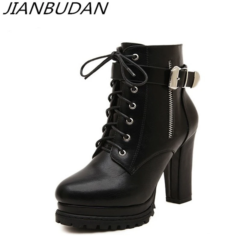 JIANBUDAN / Fashion casual motorcycle boots autumn women's Side zipper high heel bare boots High