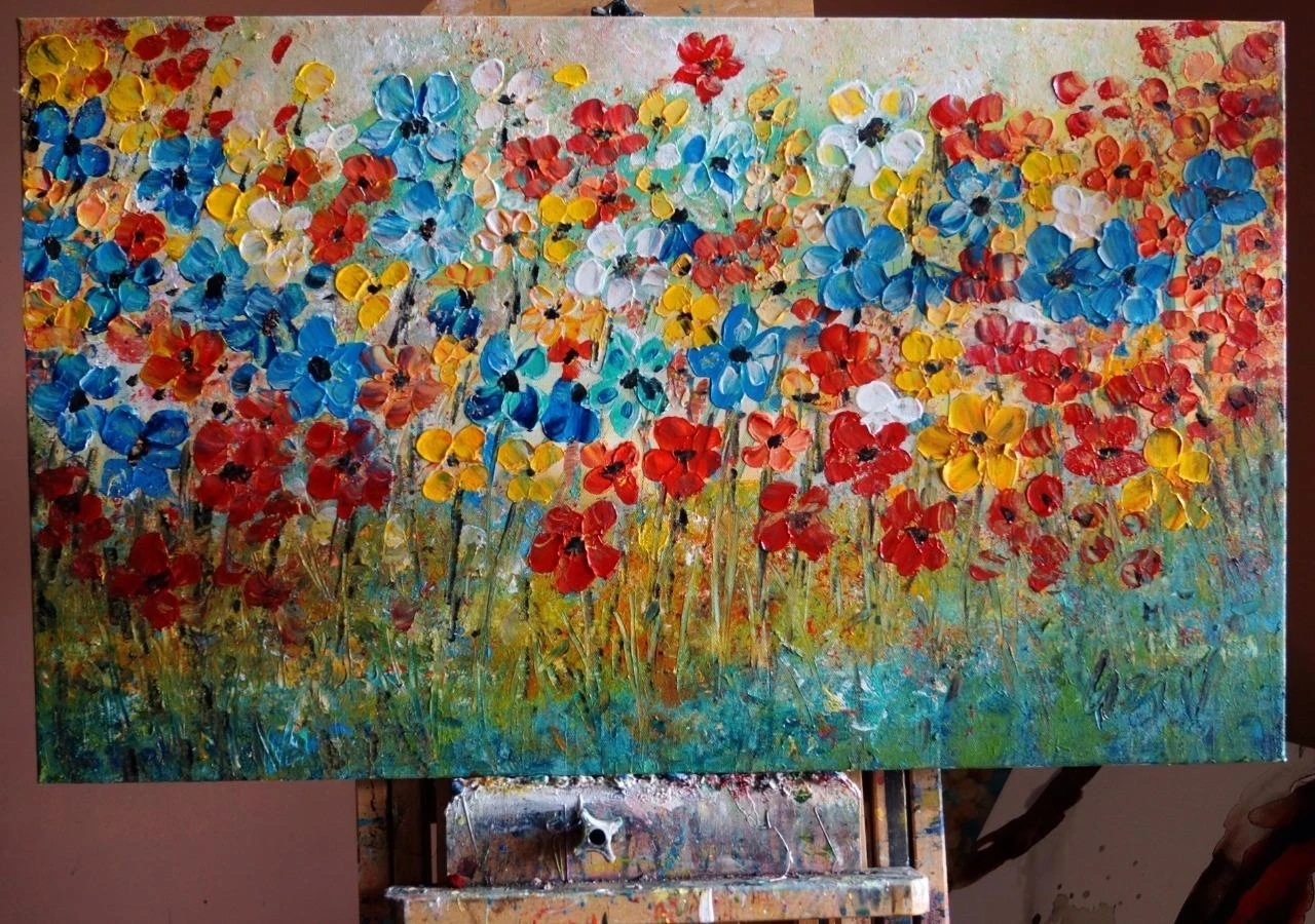 Daisies Colorful Impasto Canvas Painting White, Blue, Yellow, Orange (1)