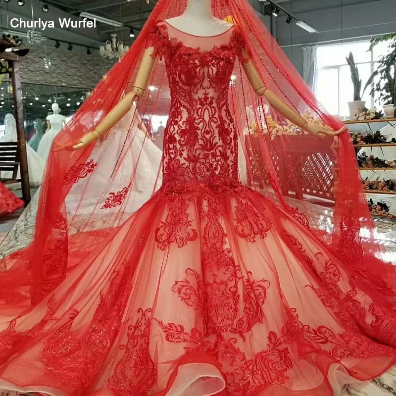 

LS855200 red vintage mermaid bride wedding party dresses o-neck short sleeves trumpet bridal dresses for wedding with tulle veil