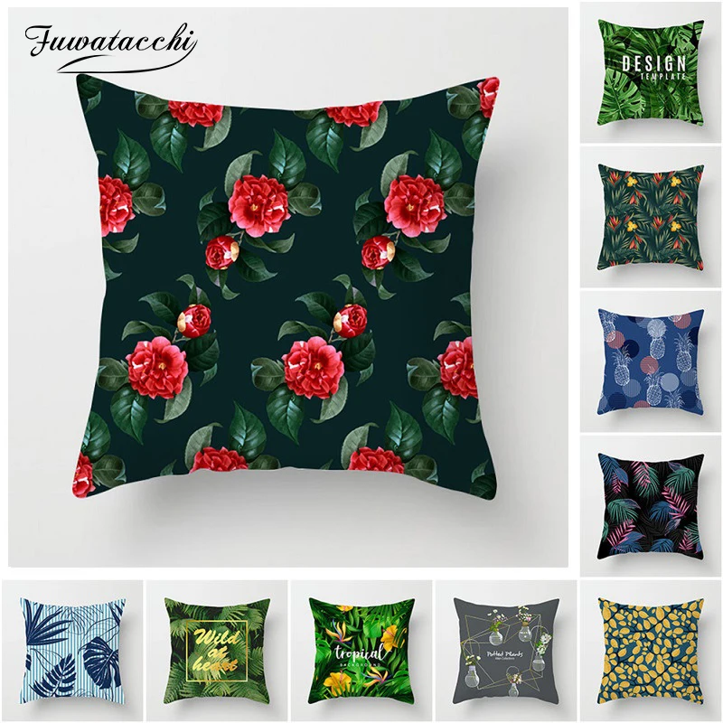 Fuwatacchi Tropical Style Pillow Cover Flower Leaf Pineapple Cushion Cover for Home Chair Sofa Red Flower Decorative Pillows