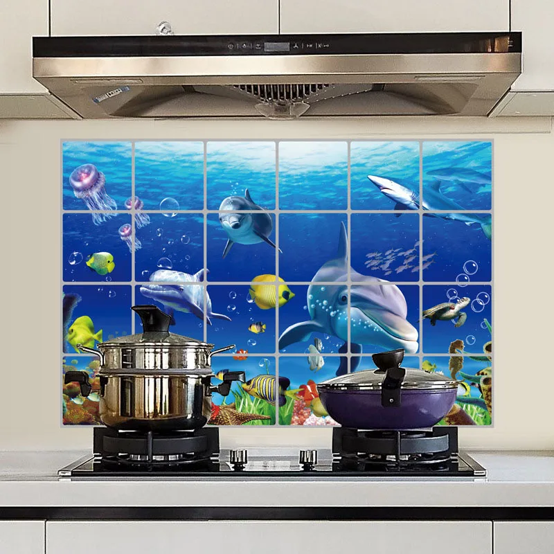 

60x90cm Waterproof Aluminum Foil Wall Sticker Tiled Kitchen Bathroom Sea World Wall Home Decor Accessories 8 LXY9