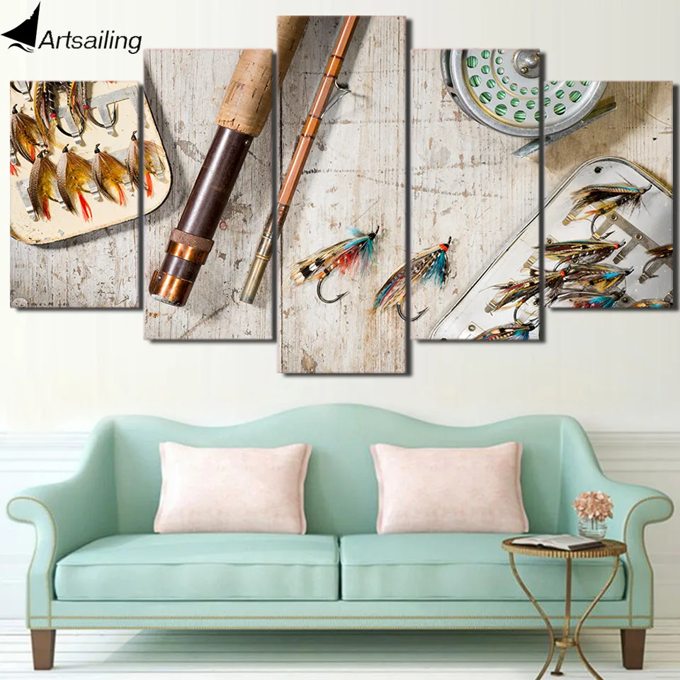 HD Printed 5 Piece Canvas Art Fishing Hooks Painting Vintage Framed