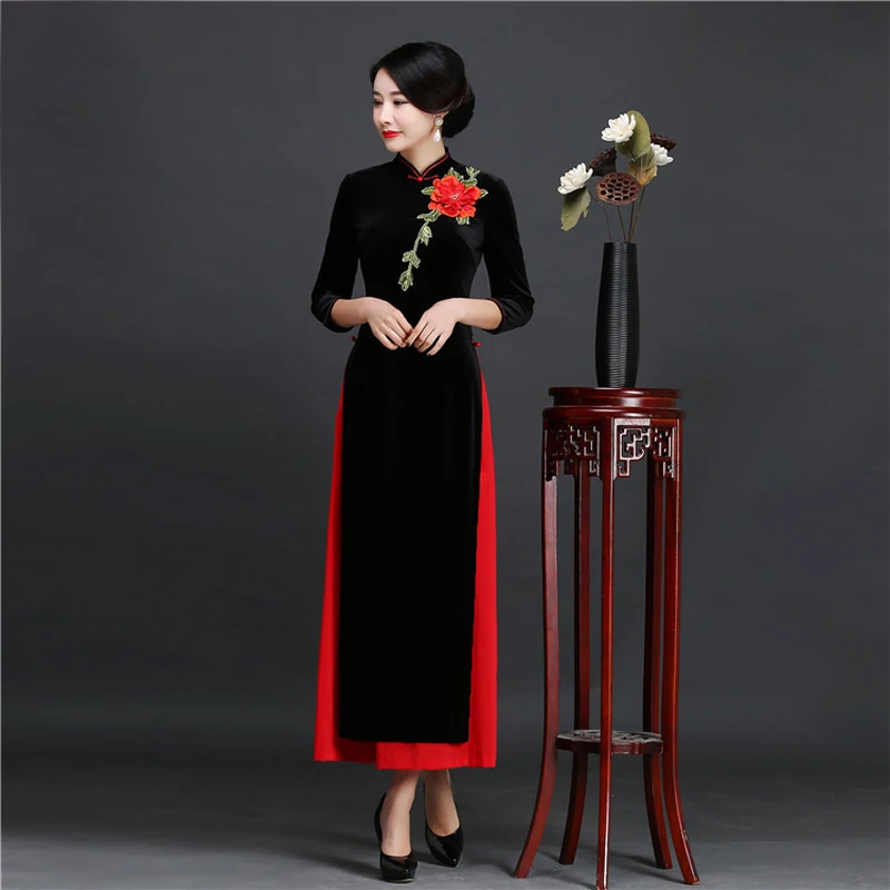 

Fall New Women Velour Big Flower Mandarin Collar Long Cheong-sam Dress Mother Banquet Dress Chinese Vietnam Ao Dai Qipao S-4XL