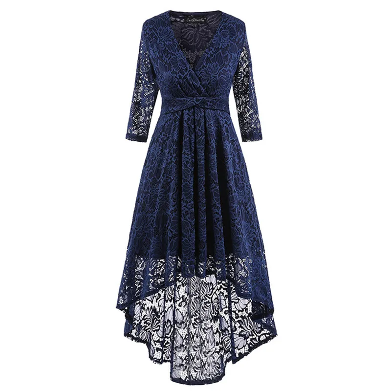 

2018 Women Lace Mermaid Dress Vintage V-neck Slim Three Quarter Dresses Female S M L XL XXL Black Red Blue